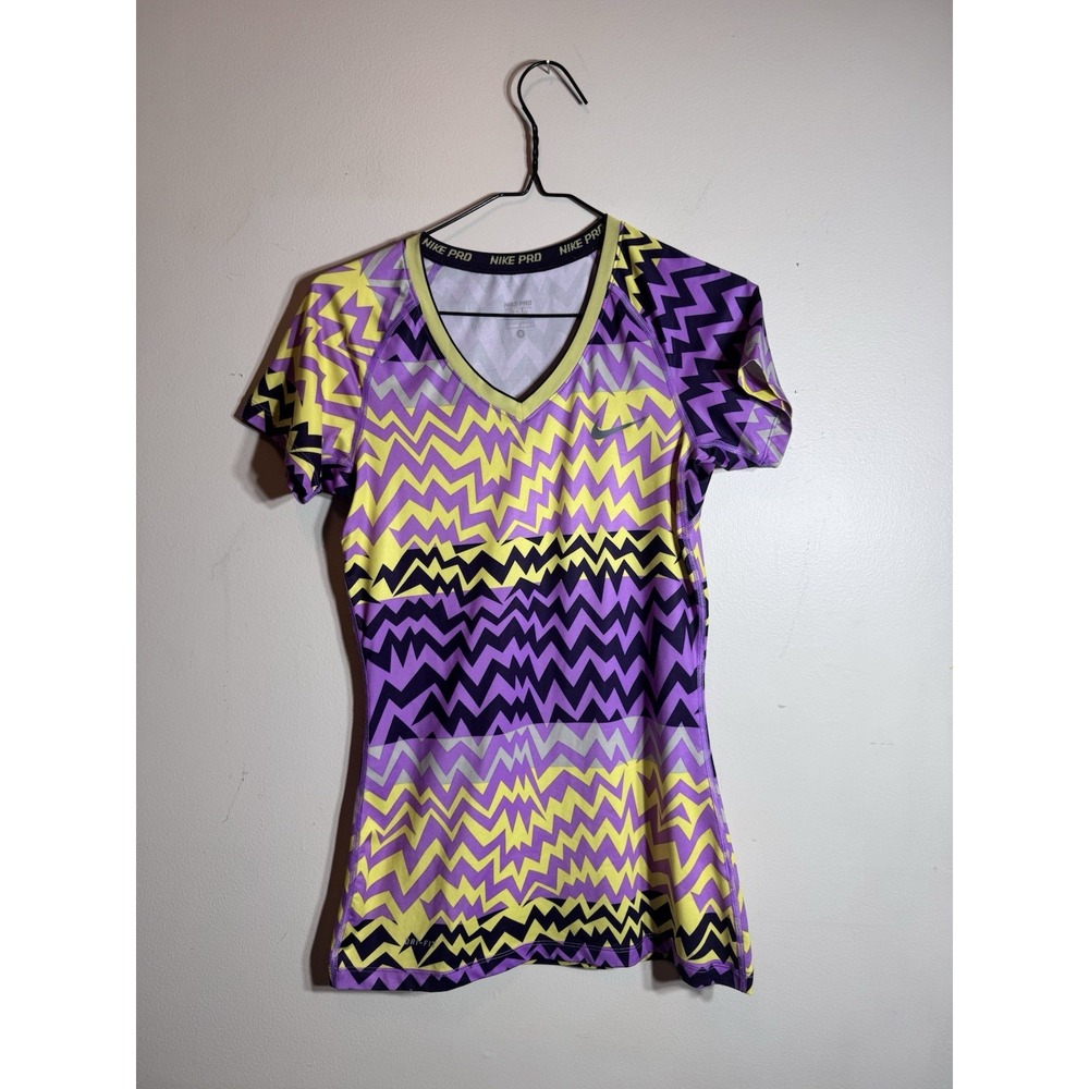 Women's Nike pro purple yellow black striped V-neck T-shirt Size S